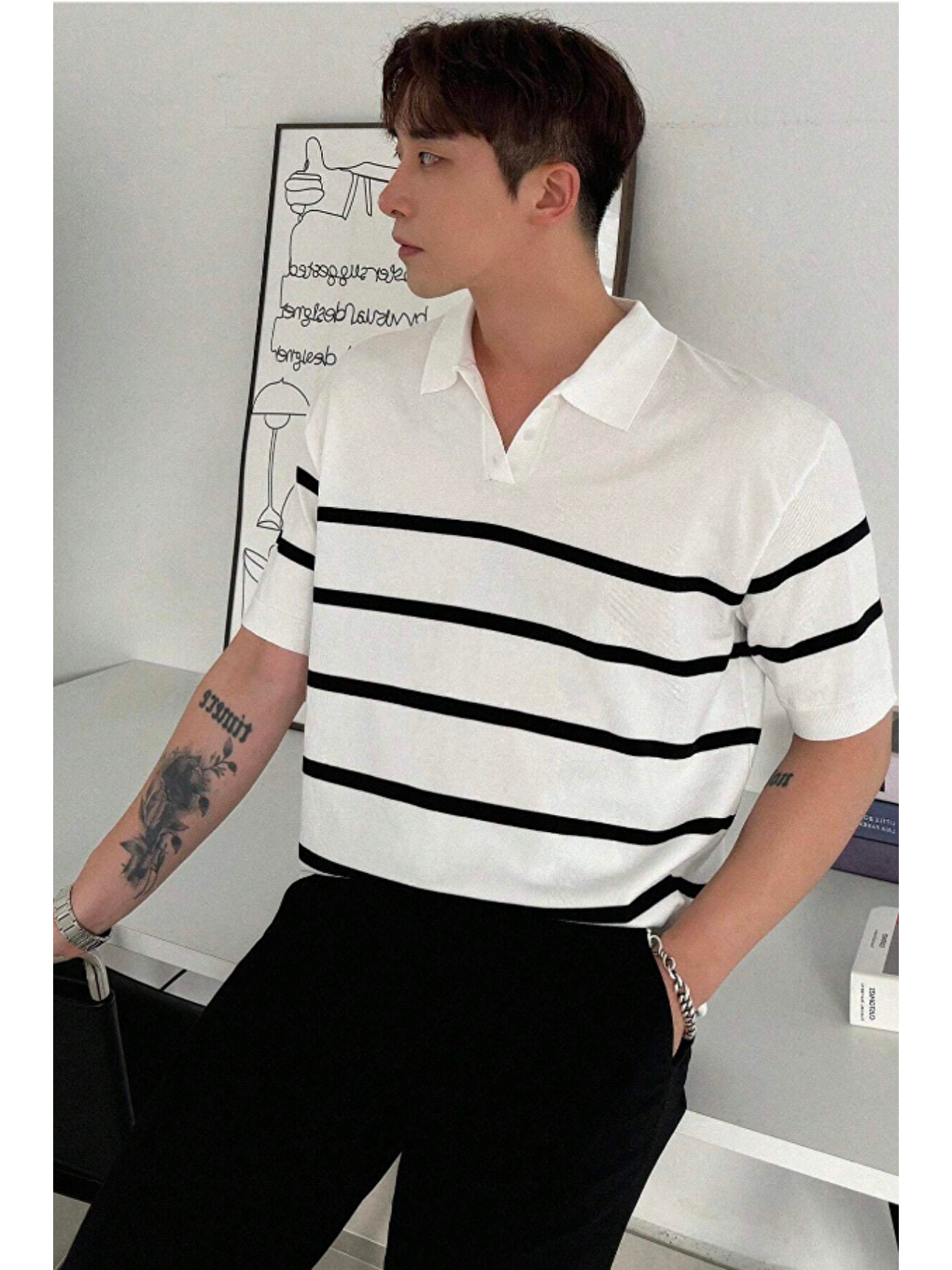 Beyaz Erkek Düğmeli Polo Yaka Çizgi Detaylı Slim Fit Triko Tişört-3