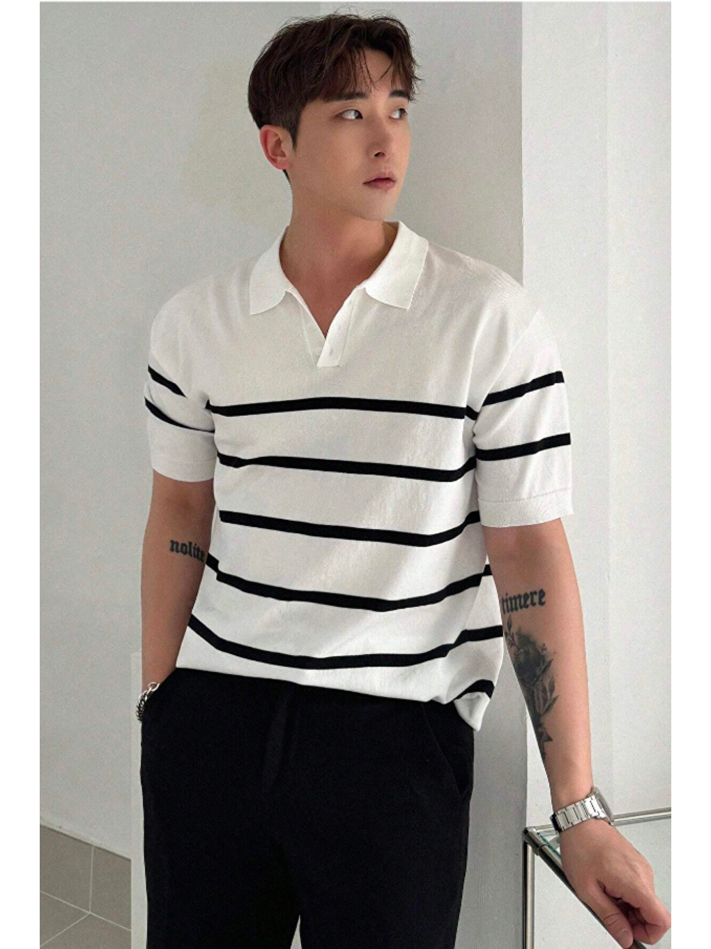 Beyaz Erkek Düğmeli Polo Yaka Çizgi Detaylı Slim Fit Triko Tişört-4