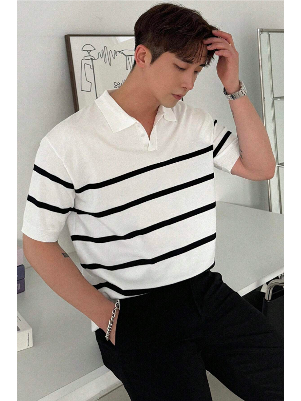 Beyaz Erkek Düğmeli Polo Yaka Çizgi Detaylı Slim Fit Triko Tişört-5