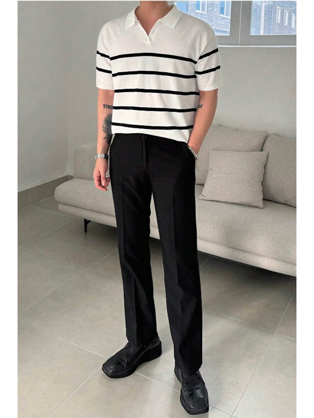 Beyaz Erkek Düğmeli Polo Yaka Çizgi Detaylı Slim Fit Triko Tişört-6