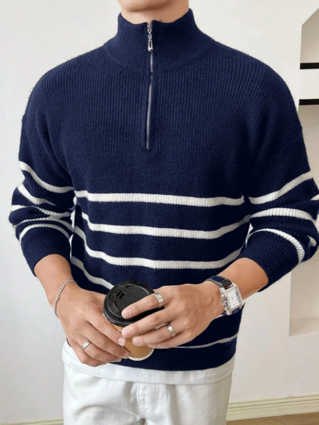 Lacivert Erkek Regular Balıkçı Yaka Fermuarlı Triko Kazak-2