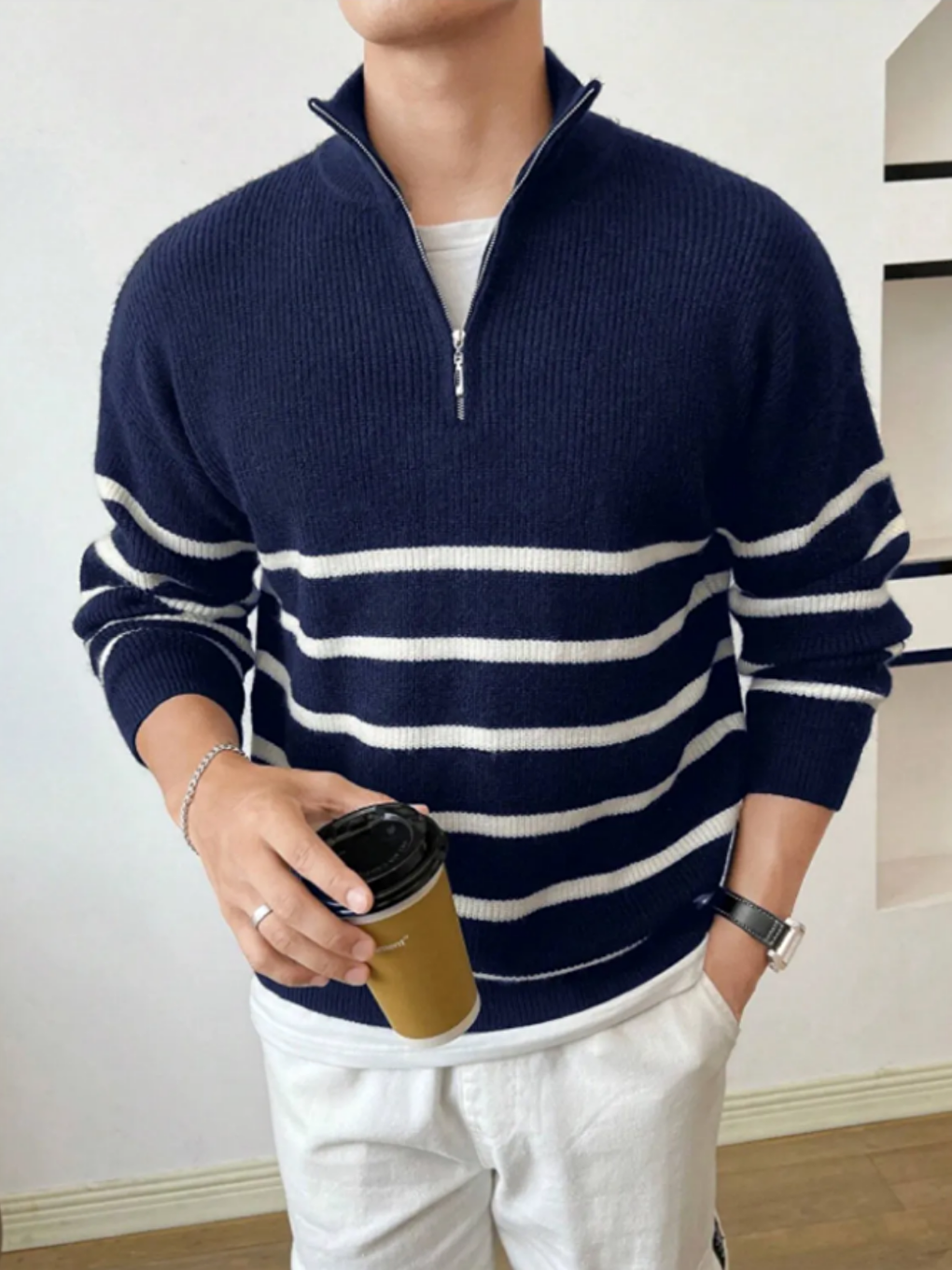 Lacivert Erkek Regular Balıkçı Yaka Fermuarlı Triko Kazak