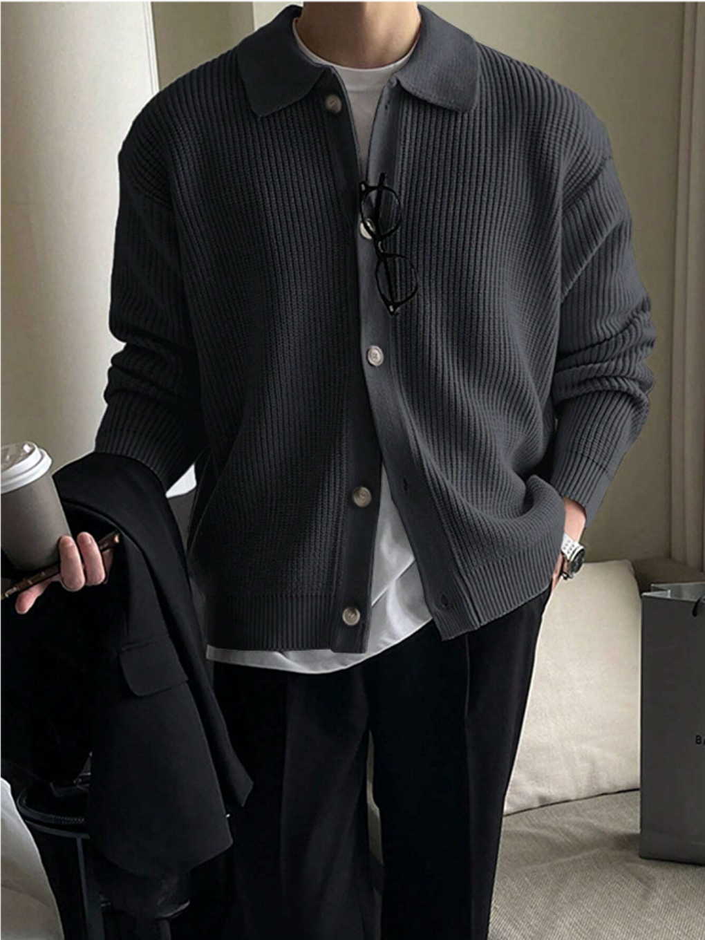 Gri Erkek Füme Düğme Detaylı Regular Fit Hırka-1