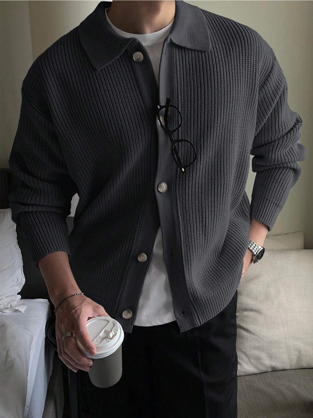 Gri Erkek Füme Düğme Detaylı Regular Fit Hırka-2