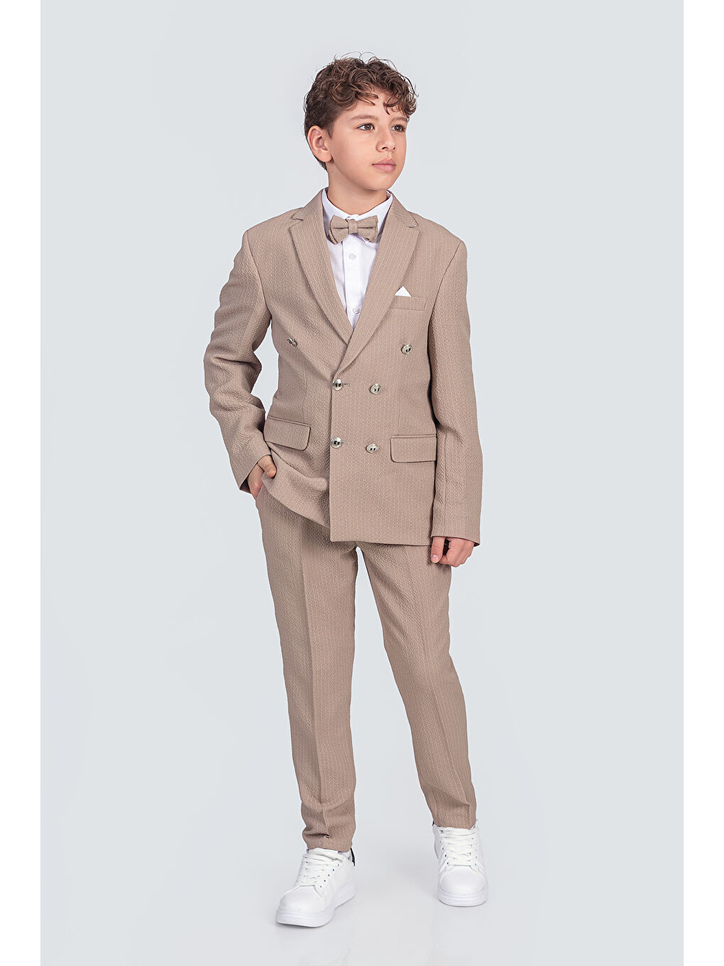 Bej Erkek Çocuk Ceket Gömlek Pantolon Papyonlu Takım Elbise TE.1001Y