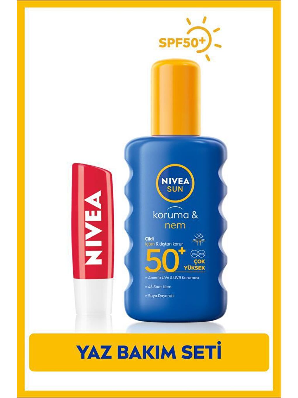 Sun SPF 50+ Koruma & 48 Saat Nemlendirme Güneş Kremi 200 ml Spreyi ve Dudak Bakım Kremi Çilek