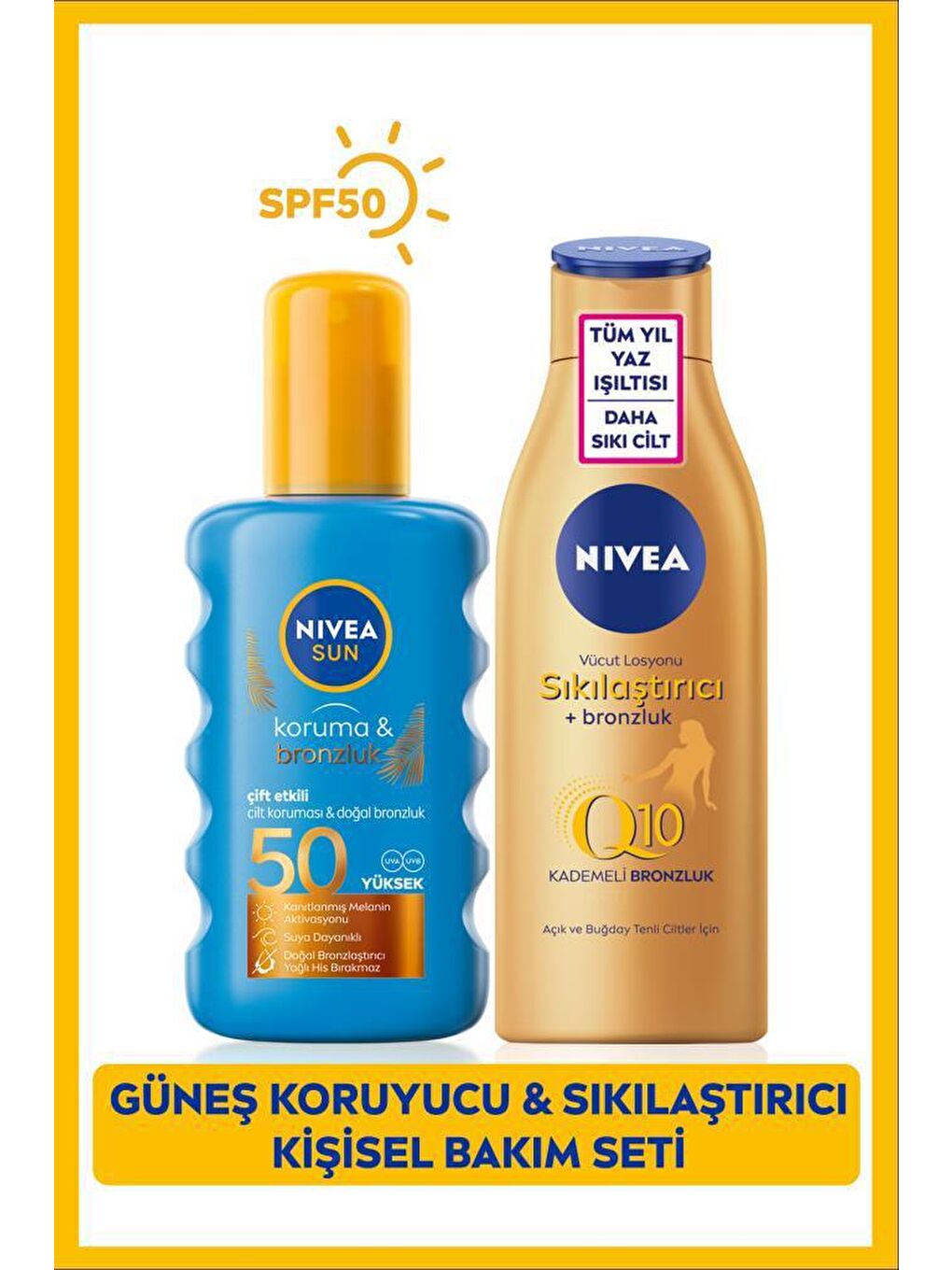 NIVEA Sun Güneş Koruyucu & Sıkılaştırıcı Kişisel Bakım Seti, SPF 50+ Güneş Kremi 200 ml ve Bronzlaştırıcı