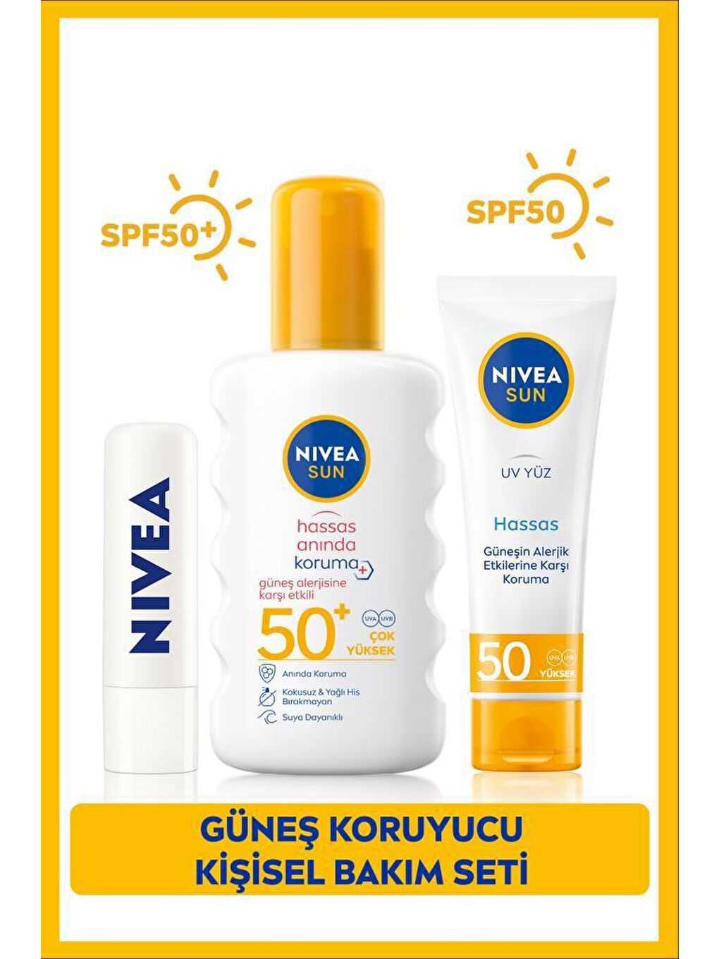 NIVEA Sun Hassas Güneş Koruyucu Kişisel Bakım Seti, SPF 50+ Yüz Güneş Kremi 50 ml, Dudak Bakım Kremi