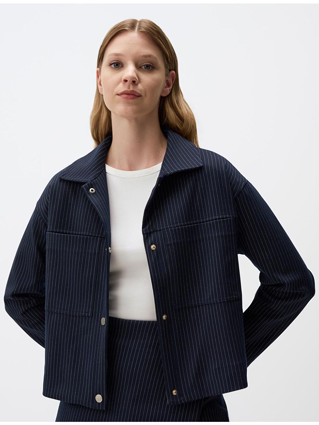 Lacivert Düz Kesim Ceket Yaka Örme Ceket