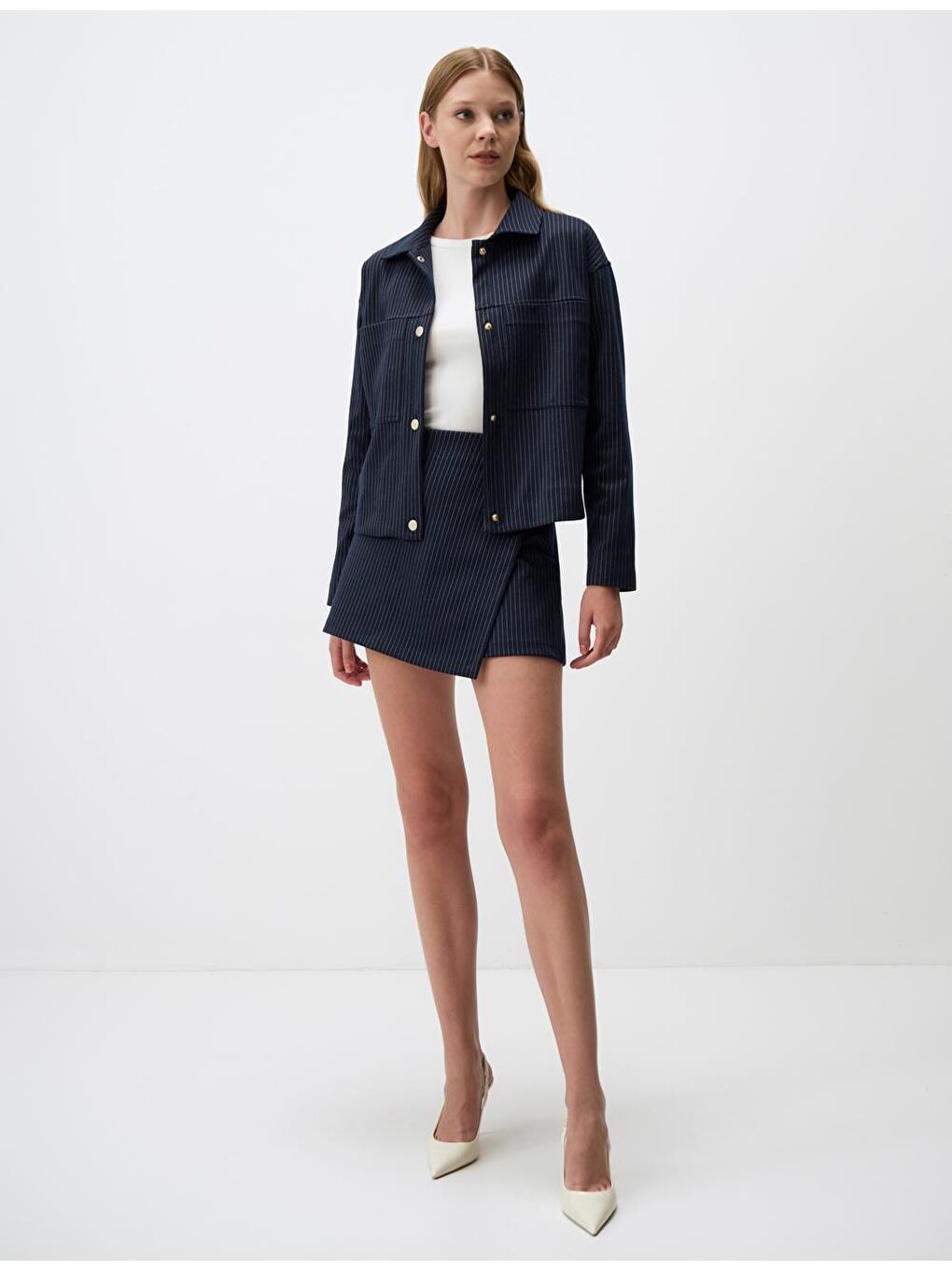 Lacivert Düz Kesim Ceket Yaka Örme Ceket-1