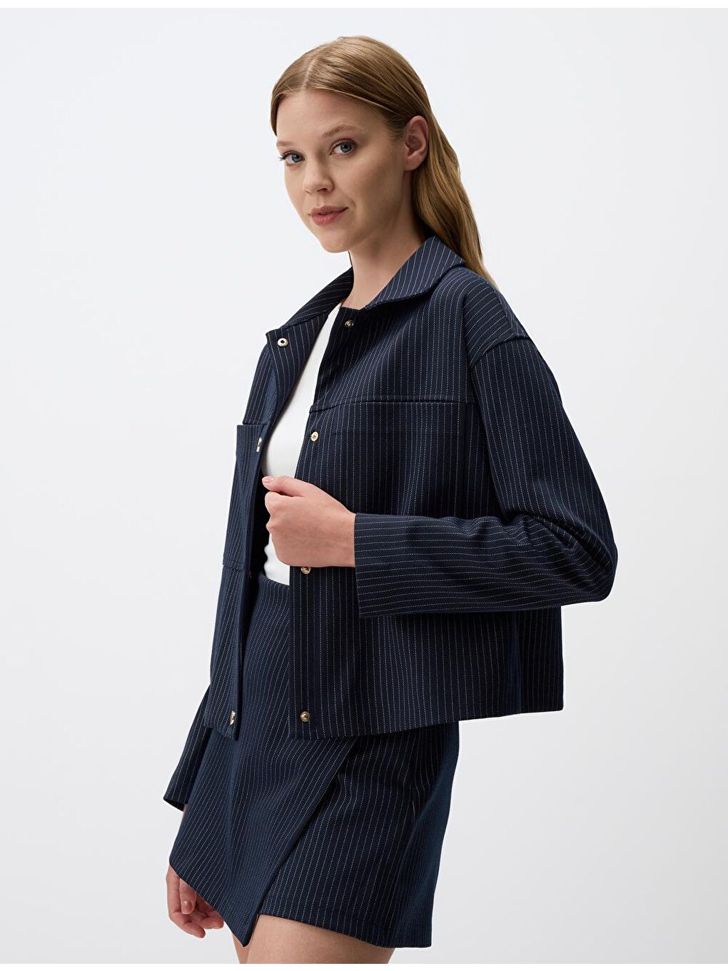 Lacivert Düz Kesim Ceket Yaka Örme Ceket-2