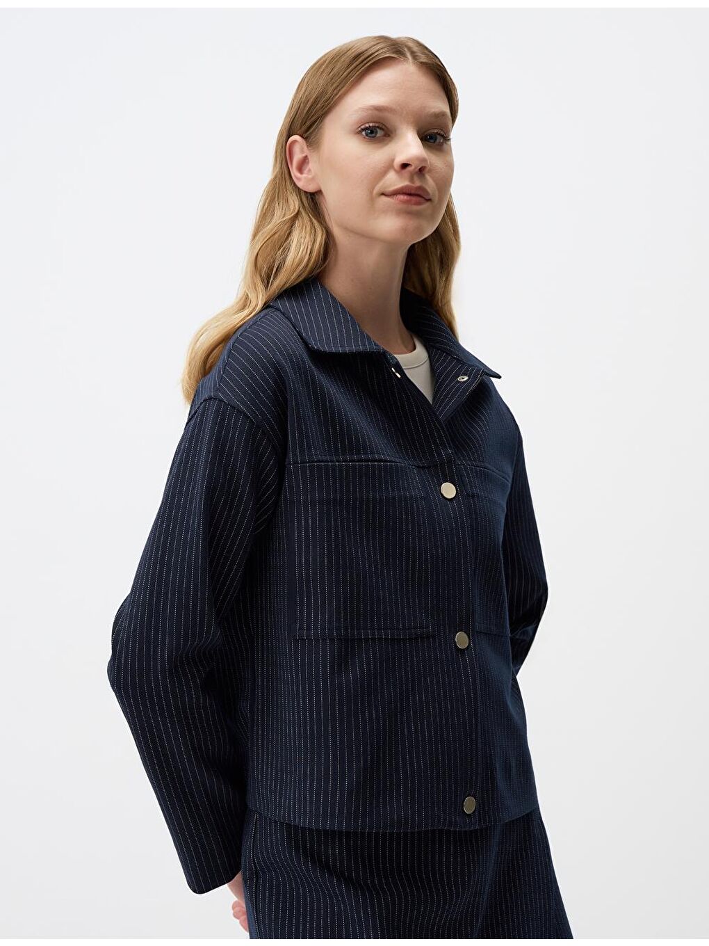 Lacivert Düz Kesim Ceket Yaka Örme Ceket-3