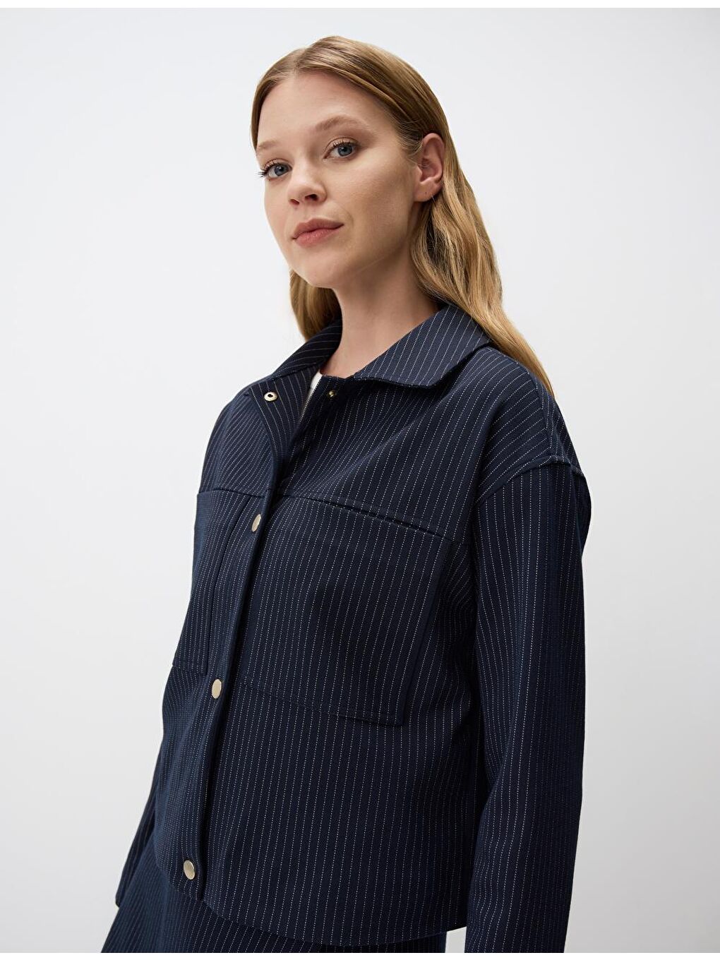 Lacivert Düz Kesim Ceket Yaka Örme Ceket-4