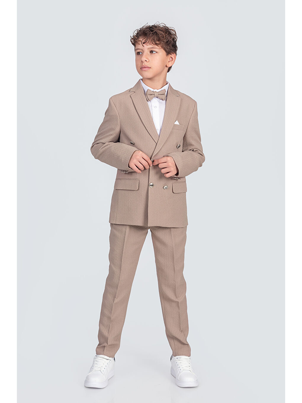 Bej Erkek Çocuk Ceket Gömlek Pantolon Papyonlu Takım Elbise TE.1001Y-9