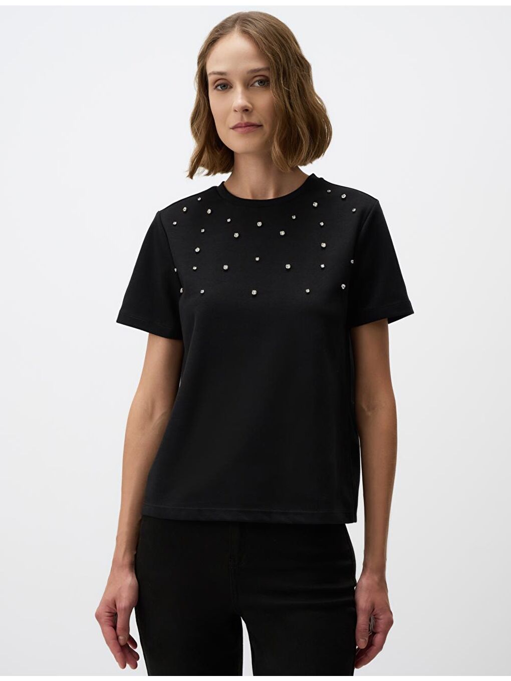 Siyah Bisiklet Yaka Rahat Kesim Taş İşlemeli Bluz