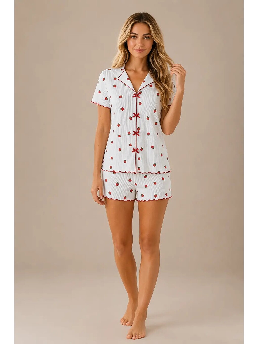 Ekru Desenli Kısa Kol Şortlu Kadın Pijama Takımı 2150-2