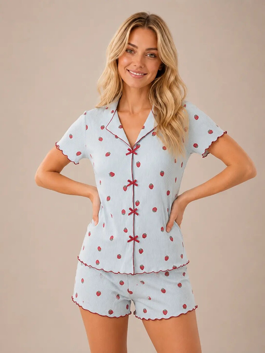 Mavi Desenli Kısa Kol Şortlu Kadın Pijama Takımı 2150