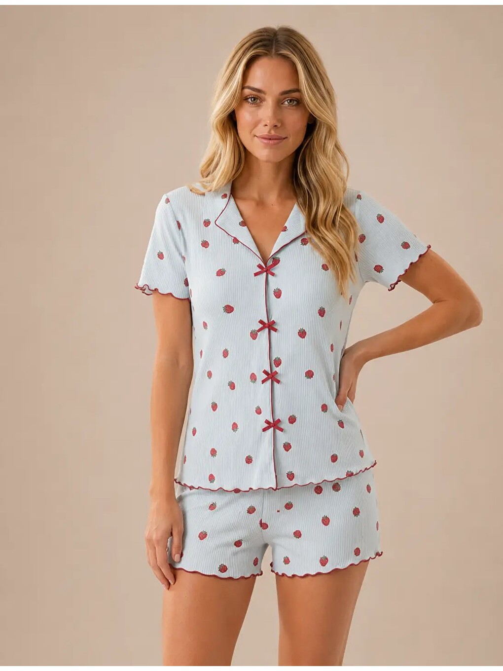 Mavi Desenli Kısa Kol Şortlu Kadın Pijama Takımı 2150-2