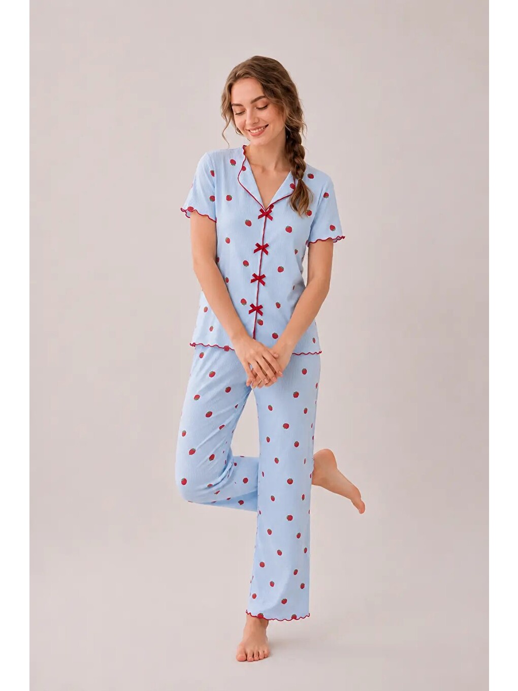 Mavi Desenli Kısa Kol Kadın Pijama Takımı 2200-1