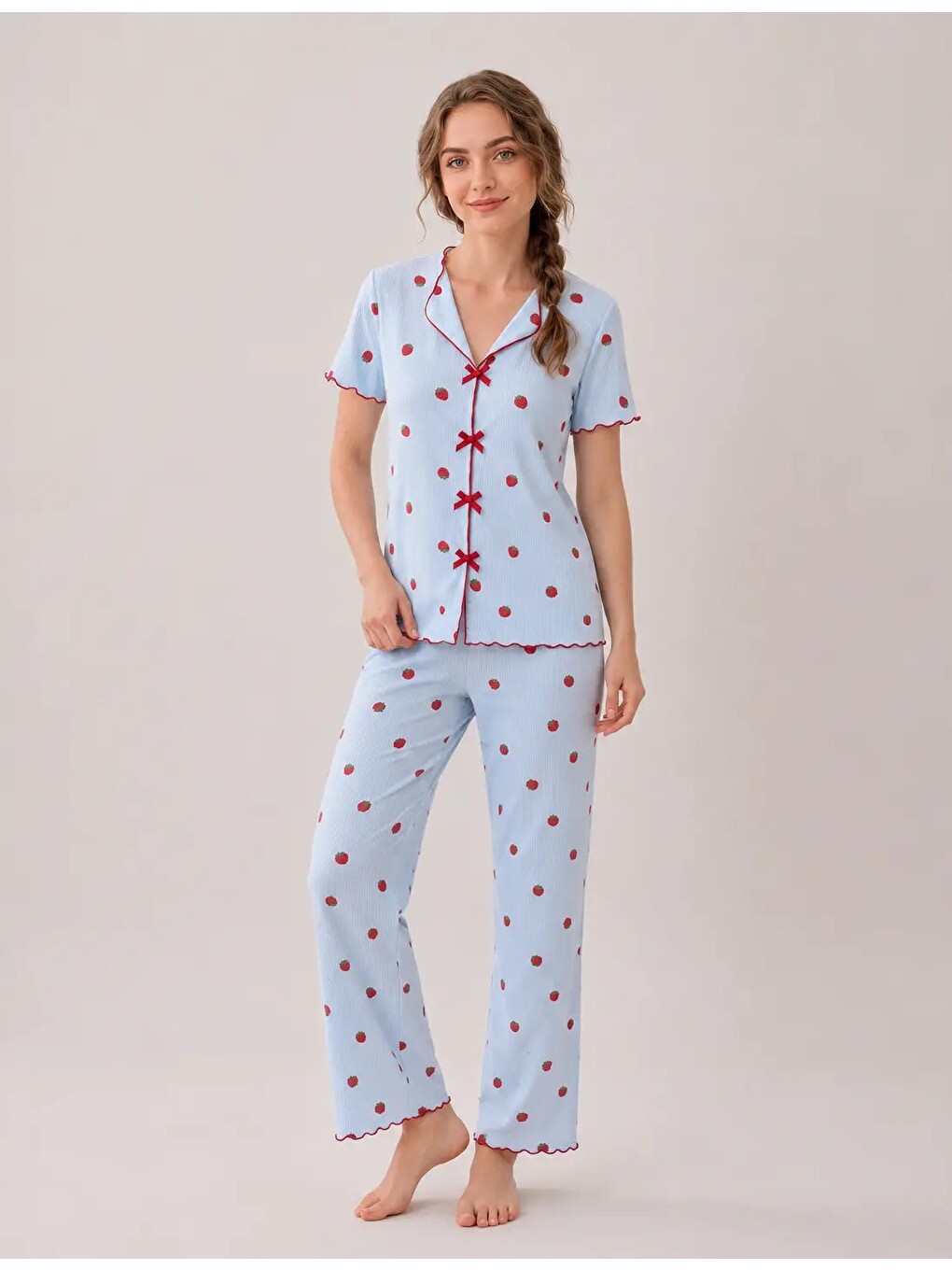 Mavi Desenli Kısa Kol Kadın Pijama Takımı 2200-2