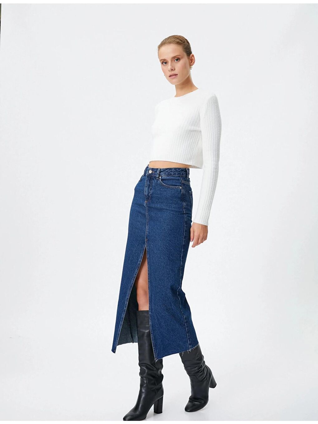 Mavi Elastanlı Yırtmaçlı Jean Etek