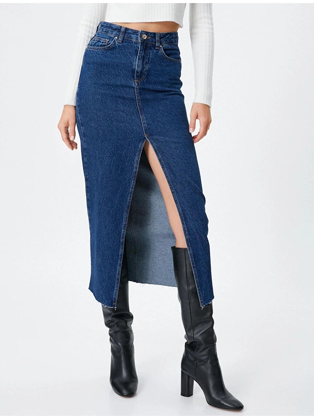 Mavi Elastanlı Yırtmaçlı Jean Etek-1