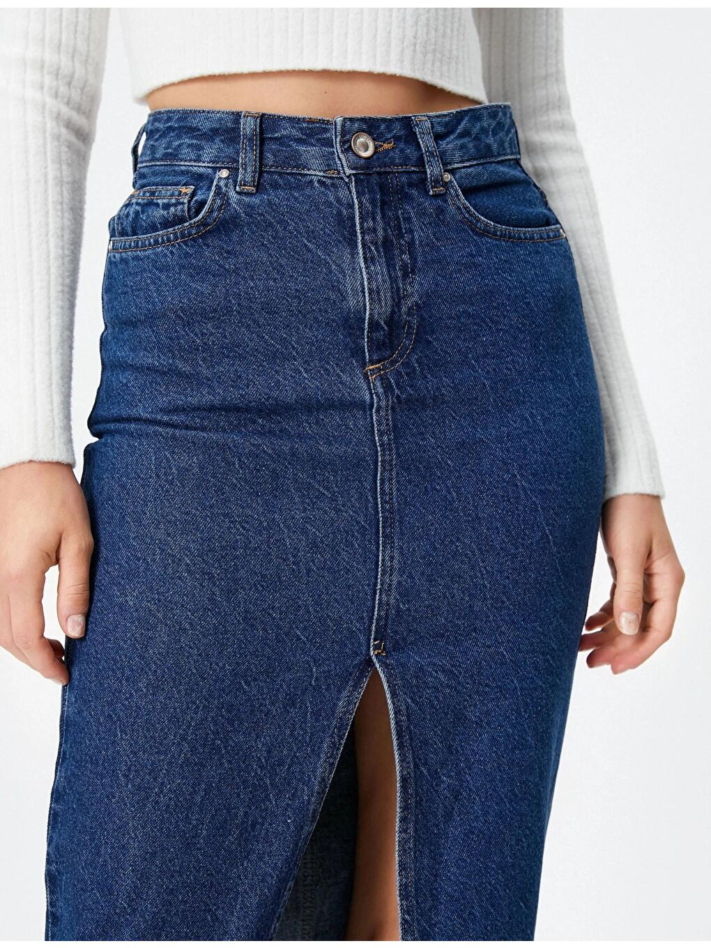 Mavi Elastanlı Yırtmaçlı Jean Etek-2