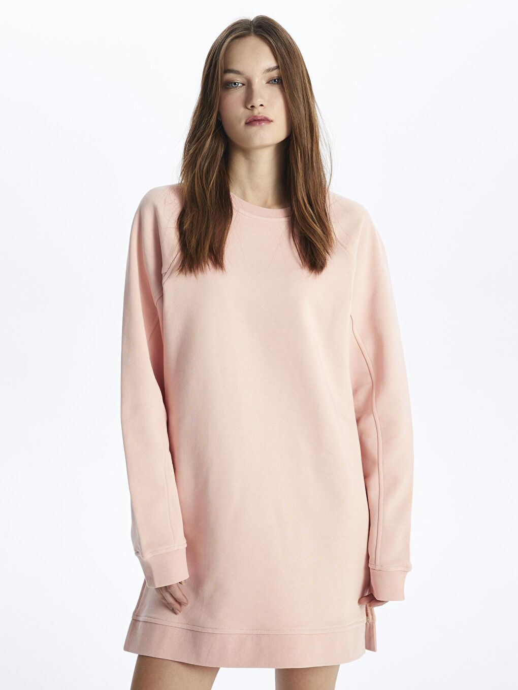 Pembe Bisiklet Yaka Basic Rahat Kalıp Uzun Kollu Baskısız Penye Sweatshirt Elbise - Chicago-1