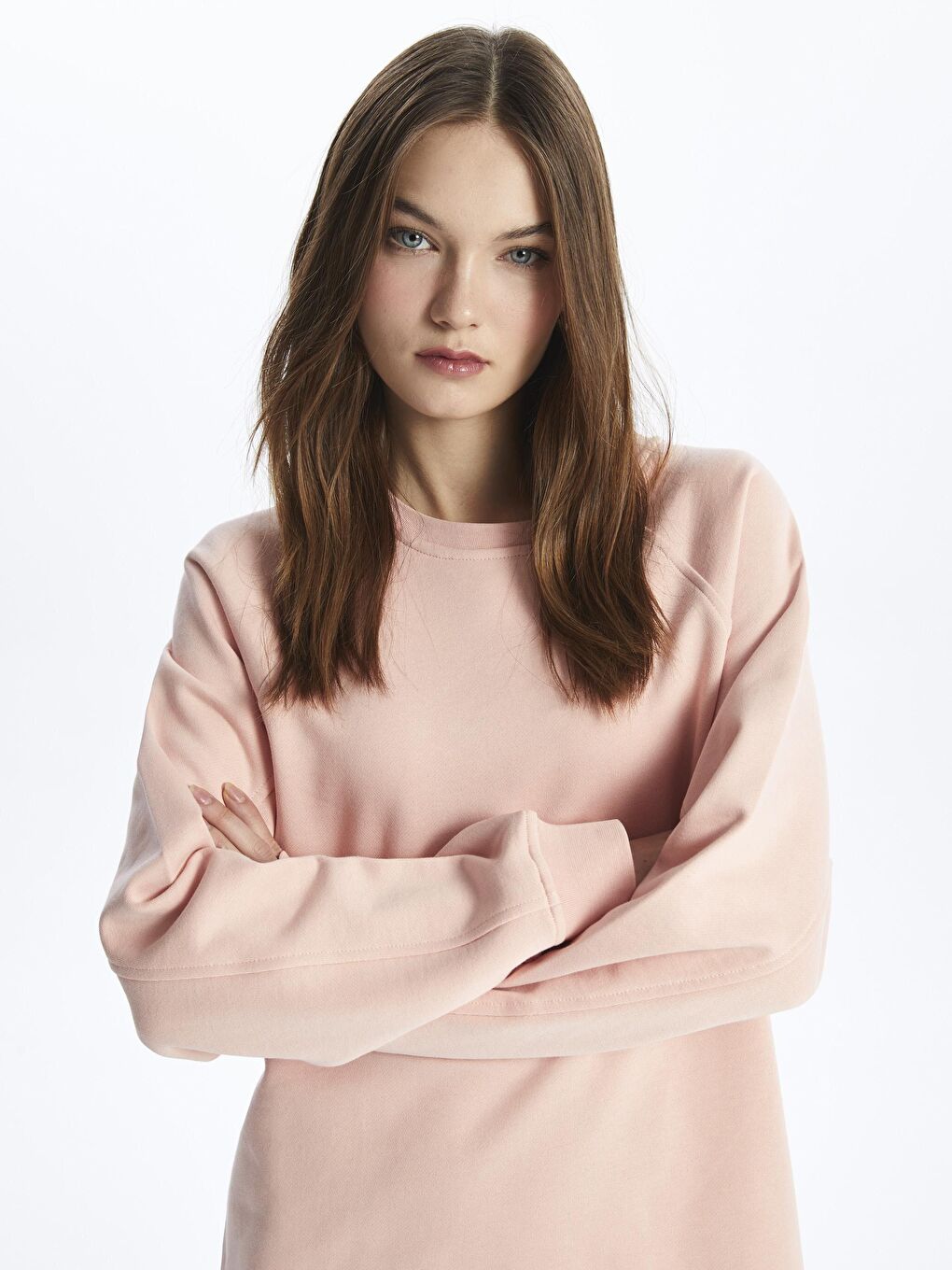 Pembe Bisiklet Yaka Basic Rahat Kalıp Uzun Kollu Baskısız Penye Sweatshirt Elbise - Chicago-2