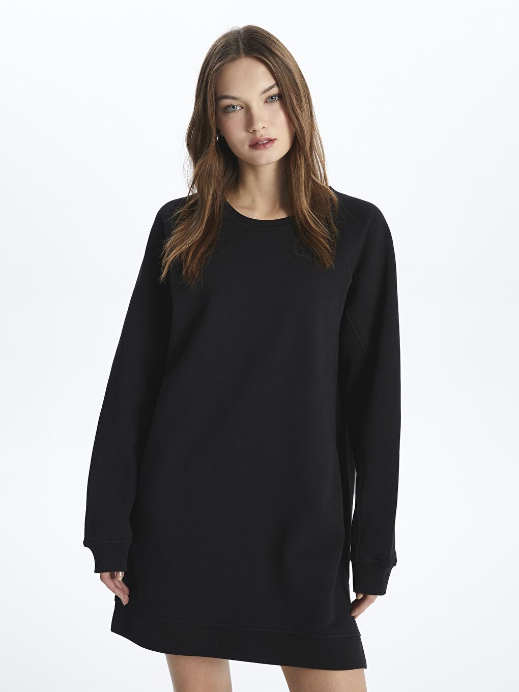 Siyah Bisiklet Yaka Basic Rahat Kalıp Uzun Kollu Baskısız Penye Sweatshirt Elbise - Chicago-1