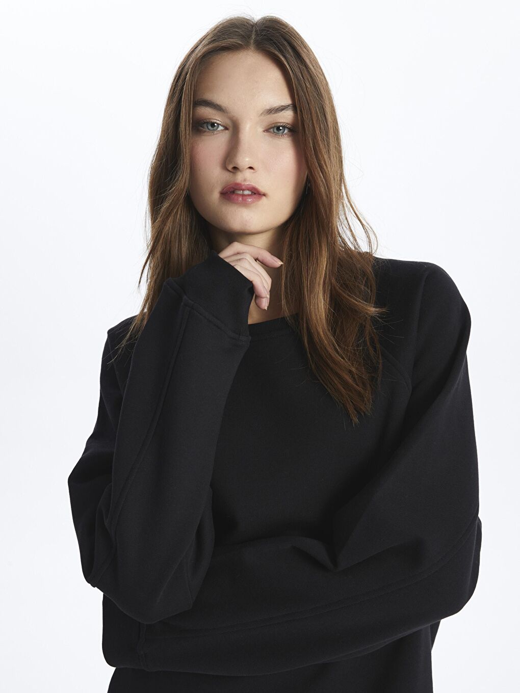 Siyah Bisiklet Yaka Basic Rahat Kalıp Uzun Kollu Baskısız Penye Sweatshirt Elbise - Chicago-2