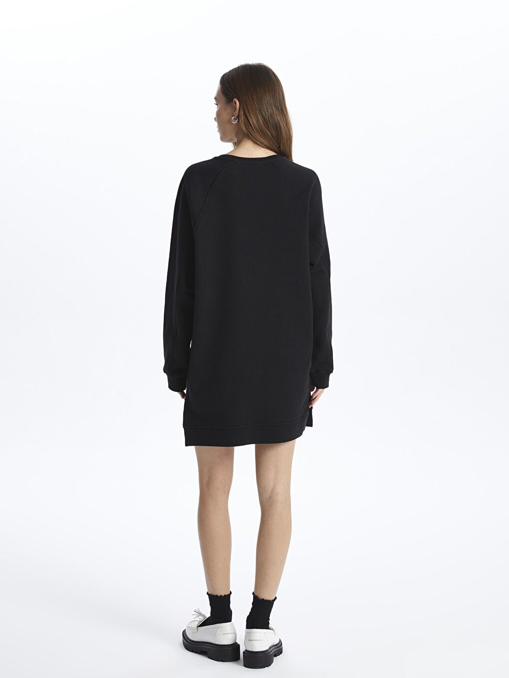 Siyah Bisiklet Yaka Basic Rahat Kalıp Uzun Kollu Baskısız Penye Sweatshirt Elbise - Chicago-4