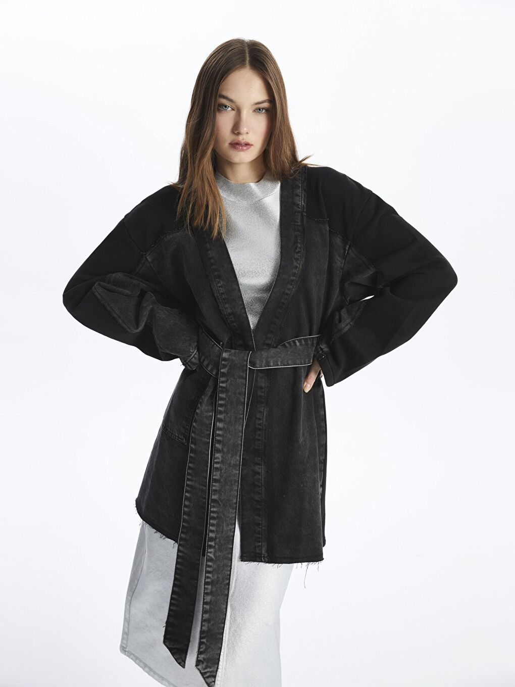 Osaka - Denim-Penye Kumaş Karışımlı Rahat Kalıp Kimono - Siyah Renk