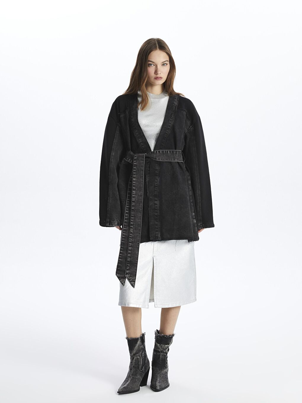 Osaka - Denim-Penye Kumaş Karışımlı Rahat Kalıp Kimono - Siyah Renk-1