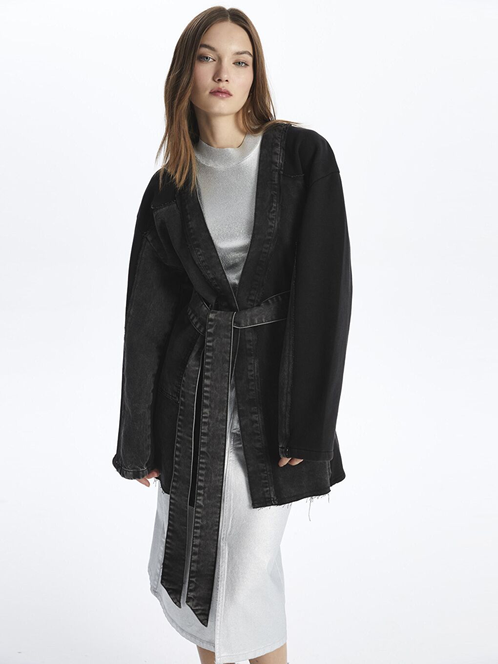 Osaka - Denim-Penye Kumaş Karışımlı Rahat Kalıp Kimono - Siyah Renk-2