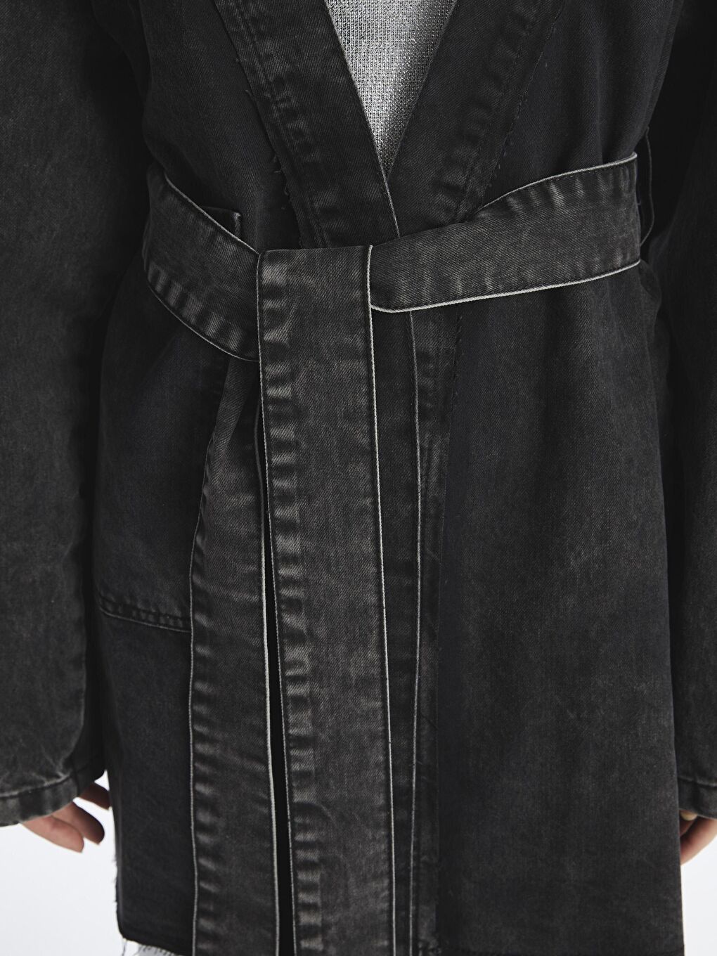 Osaka - Denim-Penye Kumaş Karışımlı Rahat Kalıp Kimono - Siyah Renk-3