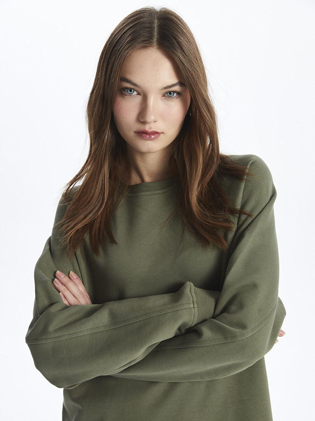 Haki Bisiklet Yaka Basic Rahat Kalıp Uzun Kollu Baskısız Penye Sweatshirt Elbise - Chicago-1