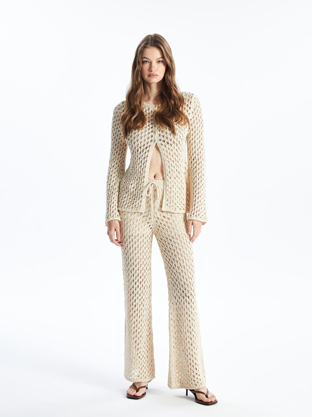 Livorno - Örgü Detaylı Yazlık Astarsız Slim Fit Triko Pantolon - Ekru renk-1