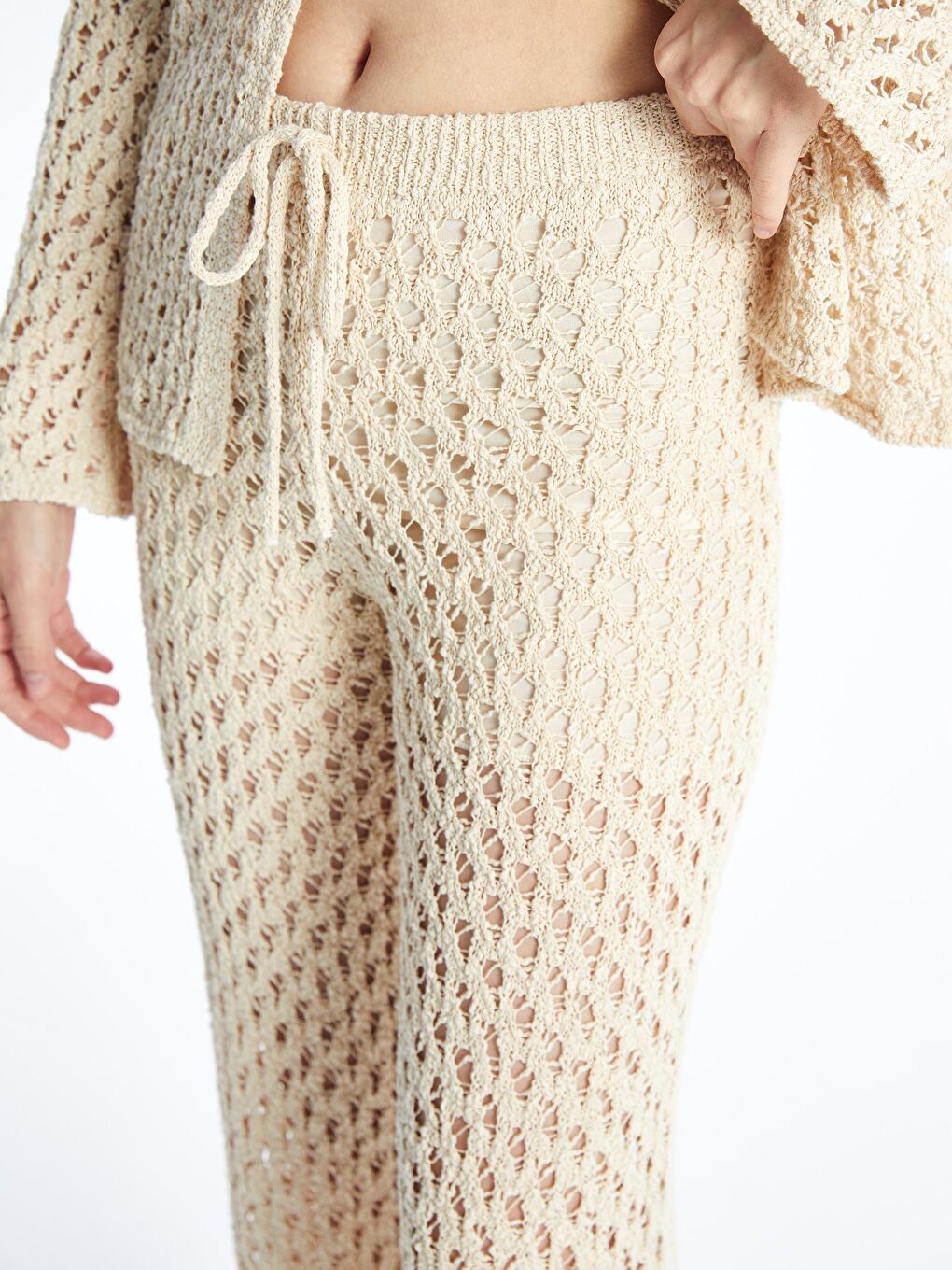 Livorno - Örgü Detaylı Yazlık Astarsız Slim Fit Triko Pantolon - Ekru renk-2