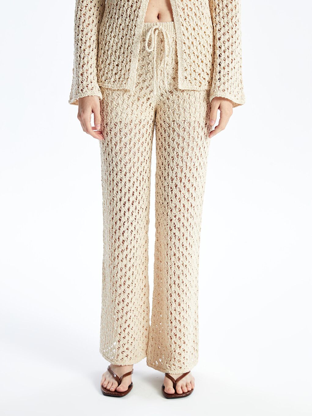 Livorno - Örgü Detaylı Yazlık Astarsız Slim Fit Triko Pantolon - Ekru renk-3