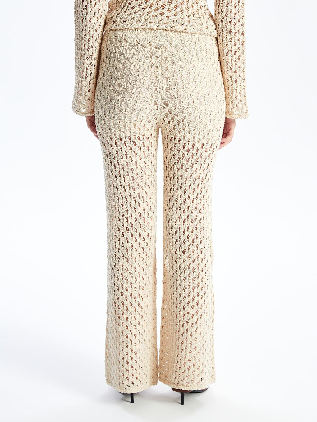 Livorno - Örgü Detaylı Yazlık Astarsız Slim Fit Triko Pantolon - Ekru renk-4