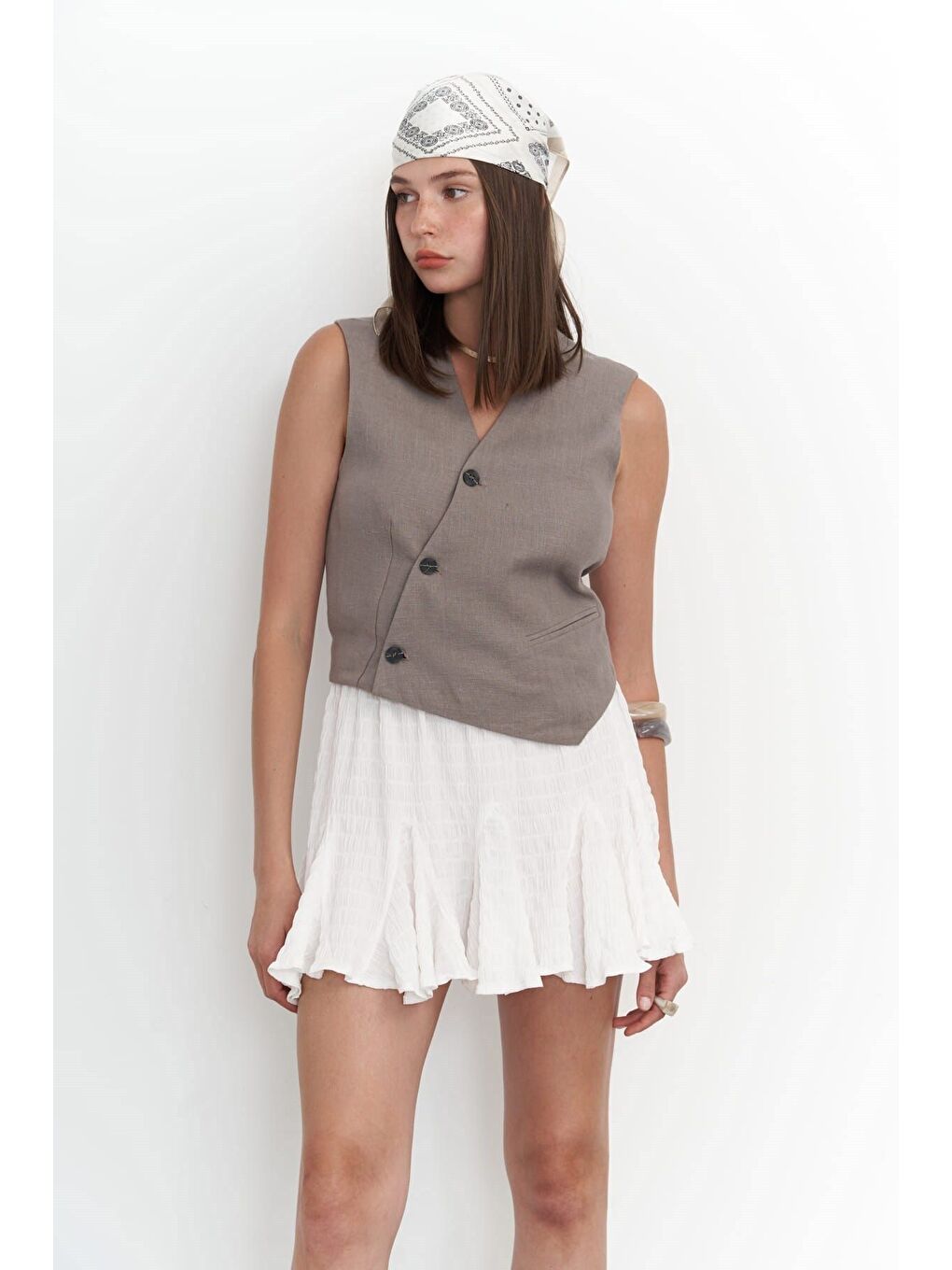 Gri Elod Düğme Detay Füme Keten Yelek