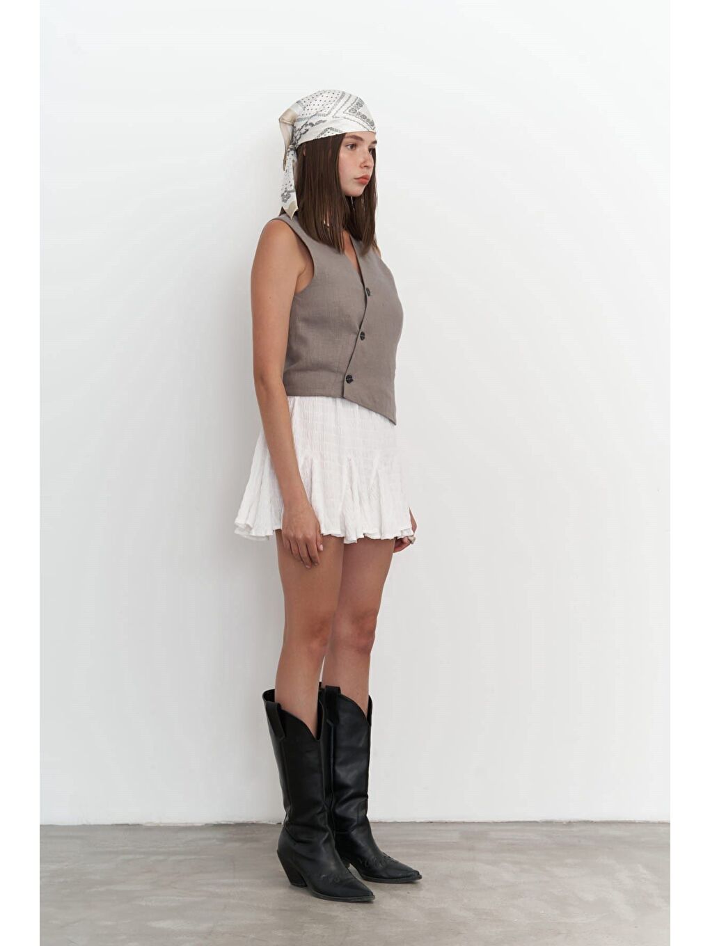 Gri Elod Düğme Detay Füme Keten Yelek-2