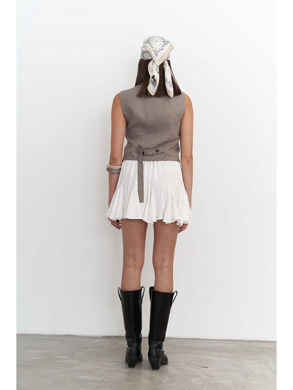 Gri Elod Düğme Detay Füme Keten Yelek-3