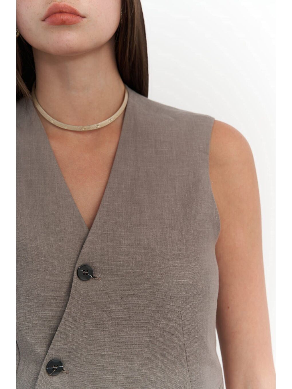 Gri Elod Düğme Detay Füme Keten Yelek-4