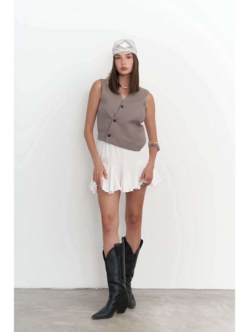 Gri Elod Düğme Detay Füme Keten Yelek-5
