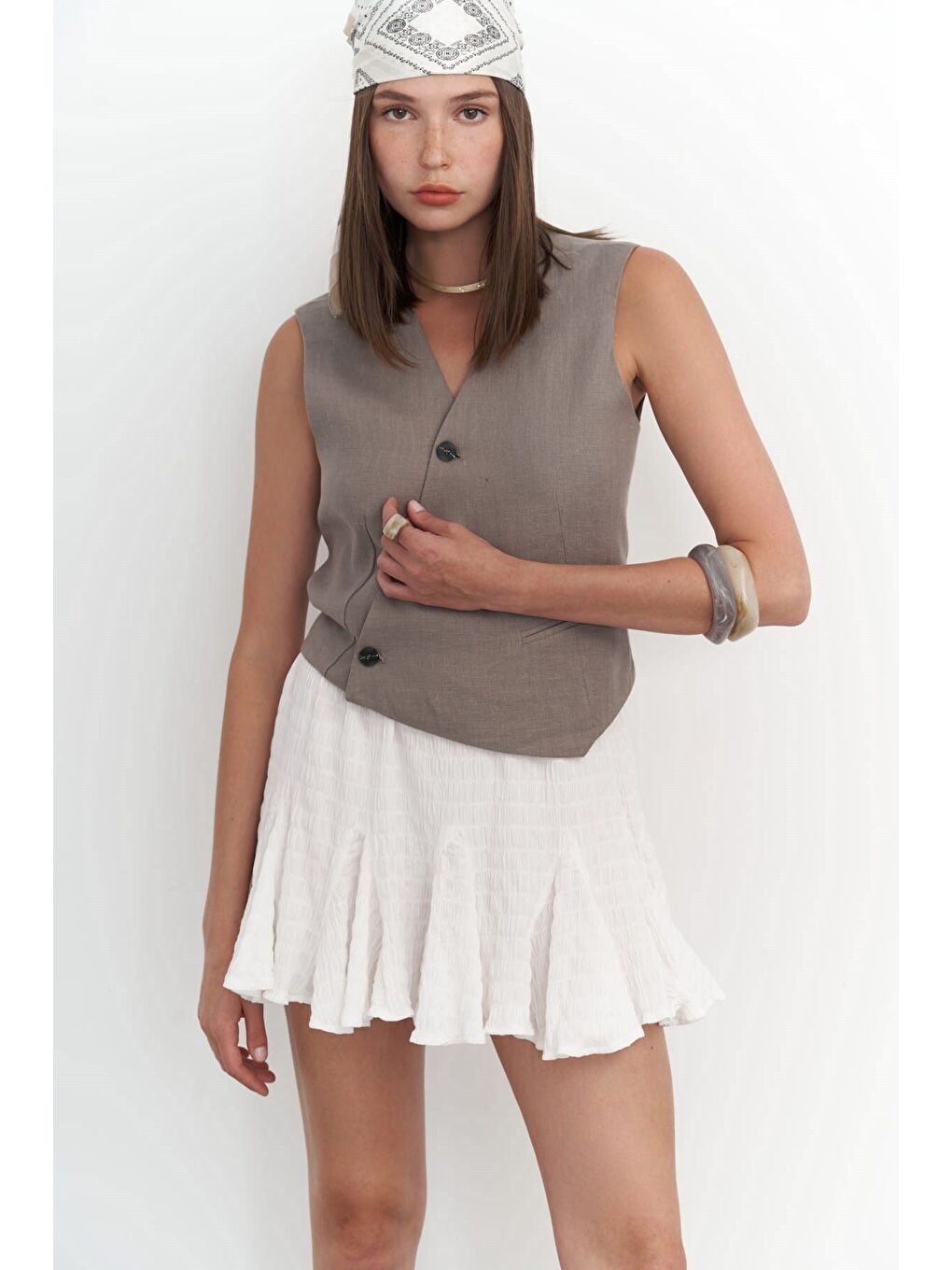 Gri Elod Düğme Detay Füme Keten Yelek-6