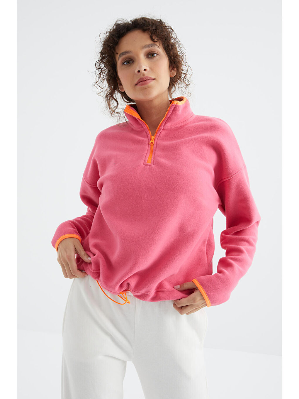 Şeker Pembe Yarım Fermuar Etek Ucu Büzgülü Dik Yaka Oversize Kadın Polar Sweatshirt - 97234