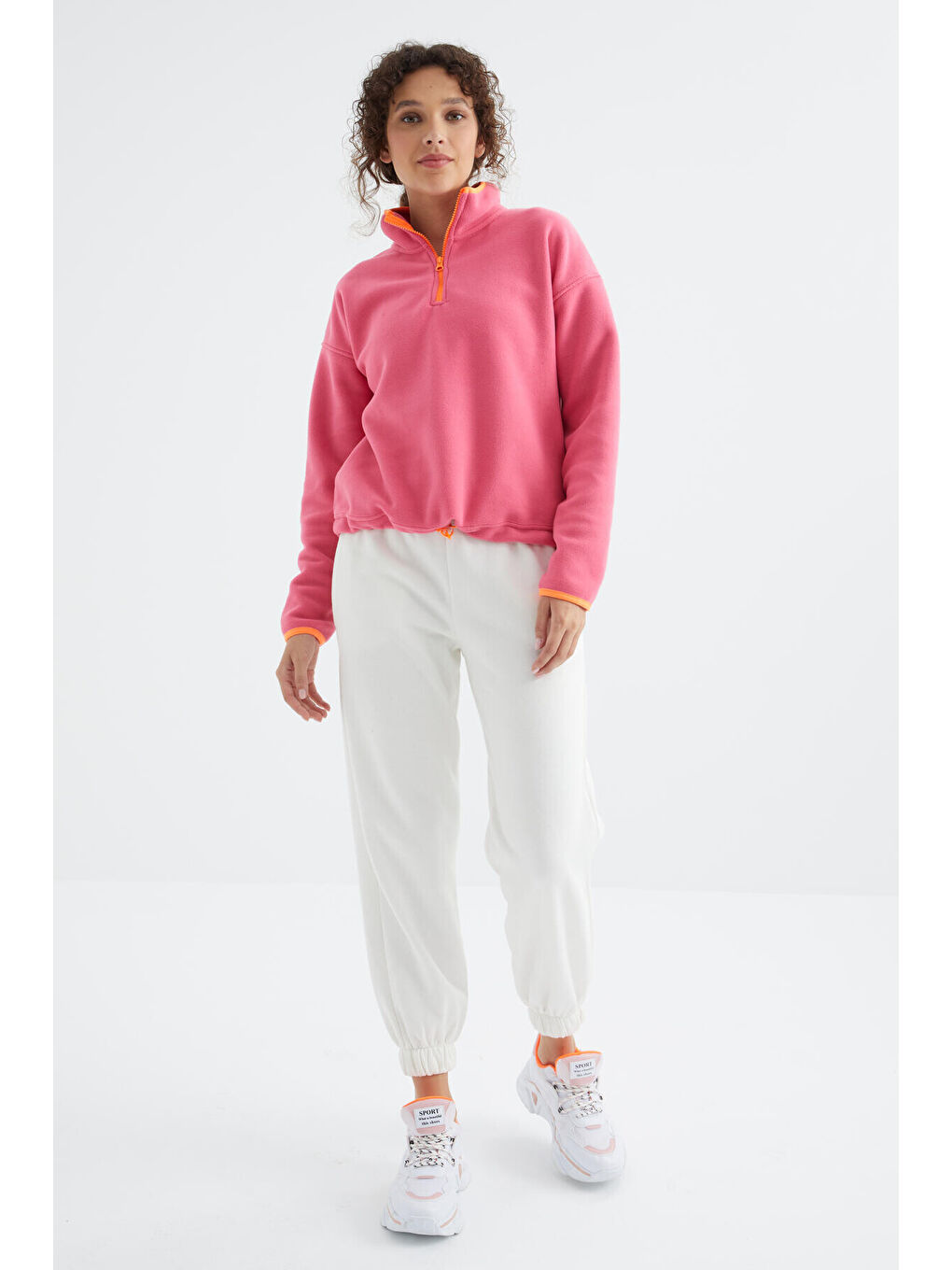 Şeker Pembe Yarım Fermuar Etek Ucu Büzgülü Dik Yaka Oversize Kadın Polar Sweatshirt - 97234-3