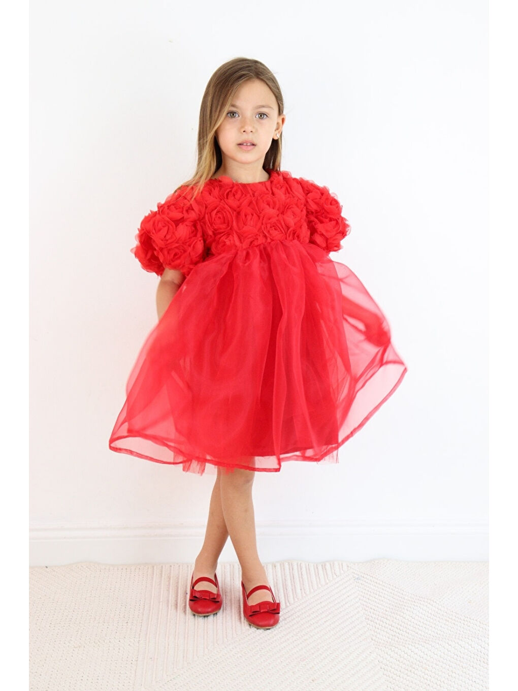 Kırmızı Gül Detaylı Tül Etekli Kız Çocuk Elbise - Nelia-1